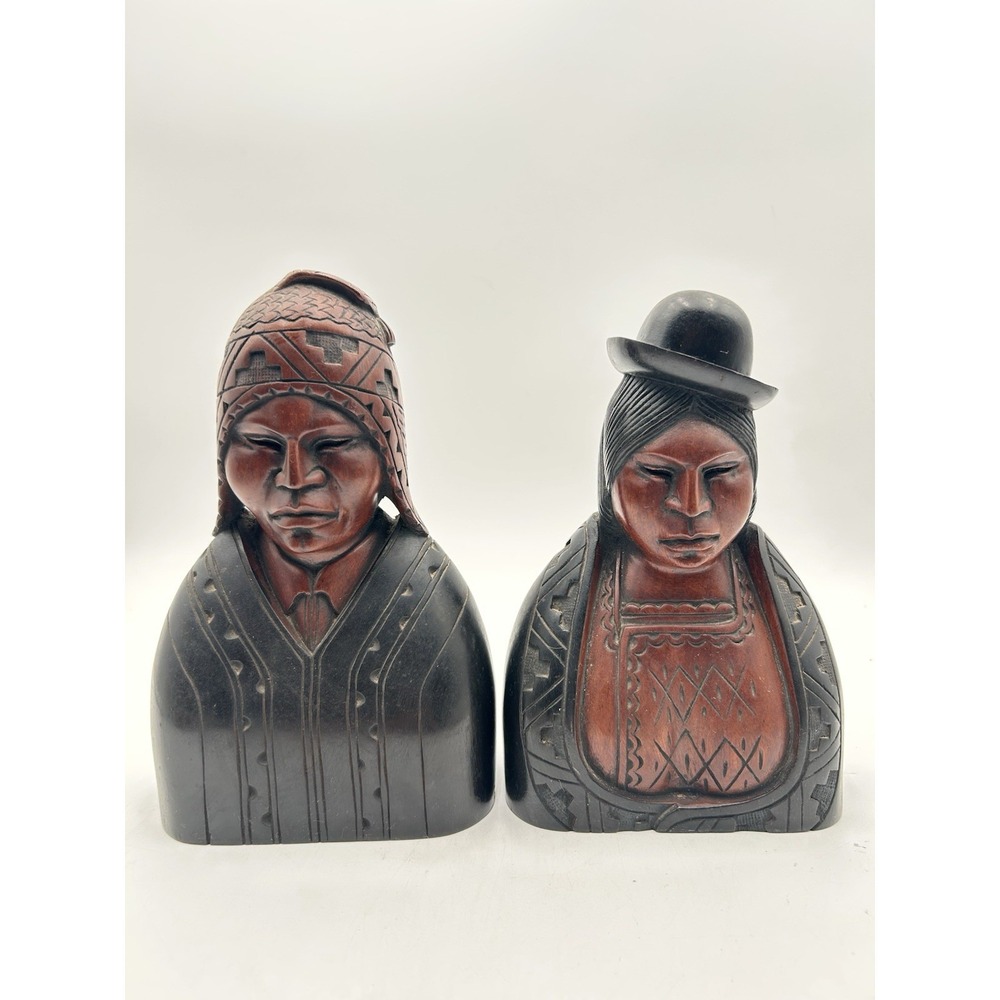 Vintage Aymara Mahogany Male Female Bust Sculptures Bookends Juan Carlos Ramirez